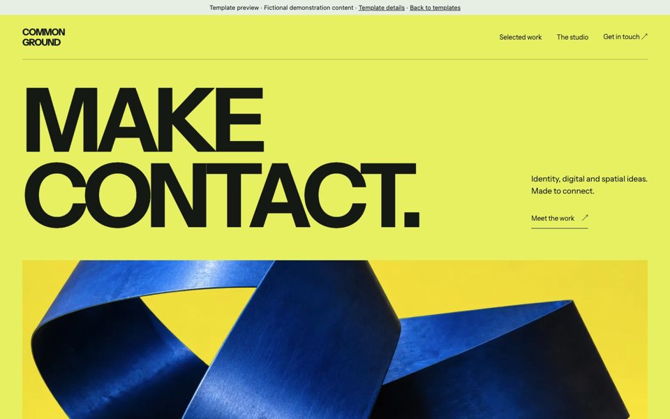 Common Ground studio page with oversized typography and an original orange graphic portfolio.