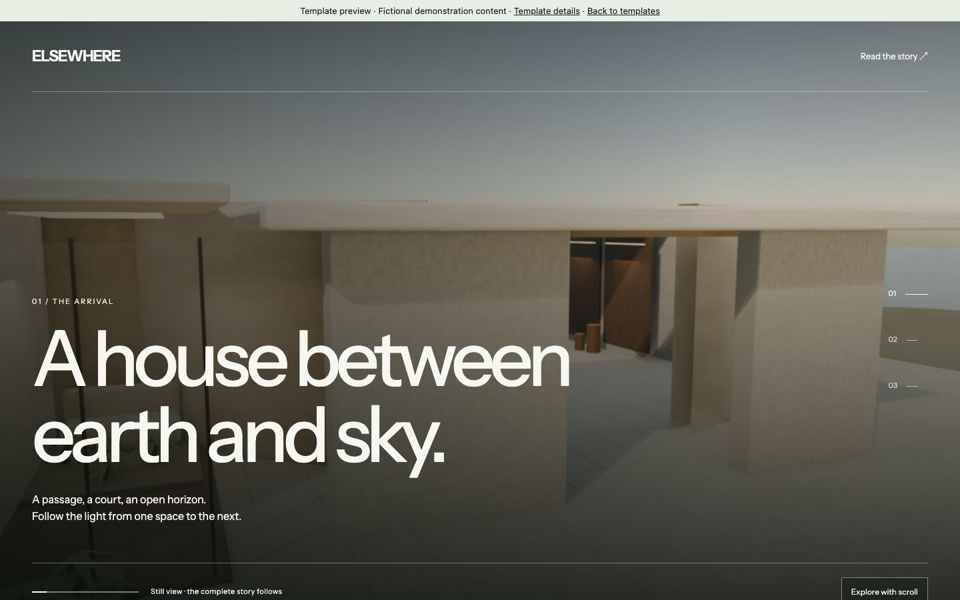 Elsewhere architectural page with original white and clay 3D courtyard geometry.