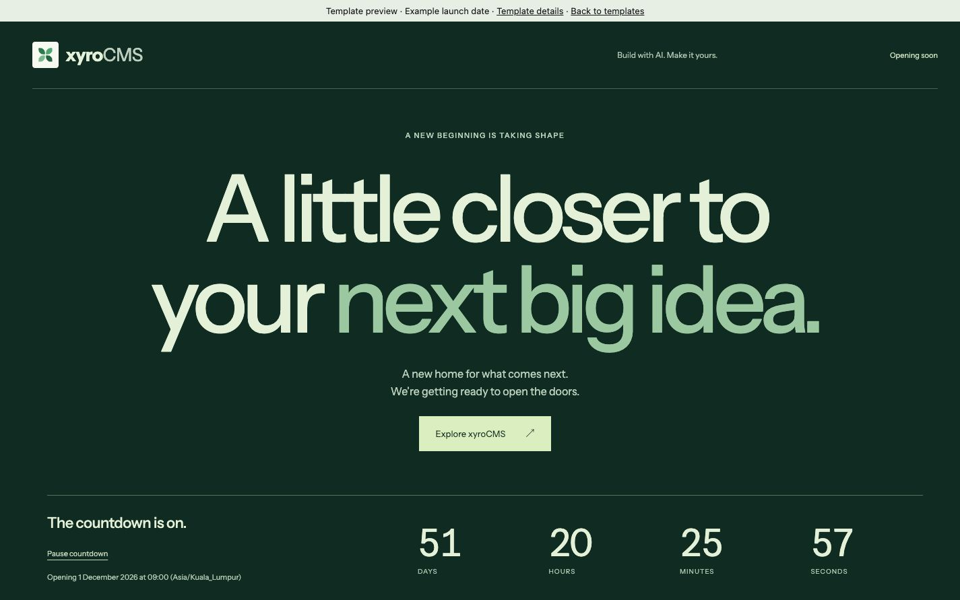 First Light launch page with green xyroCMS artwork, editorial headline and live countdown.