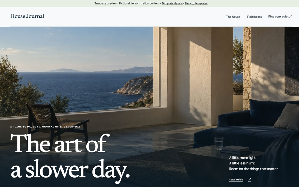 House Journal guesthouse page with an elegant serif headline and original generated courtyard illustration.