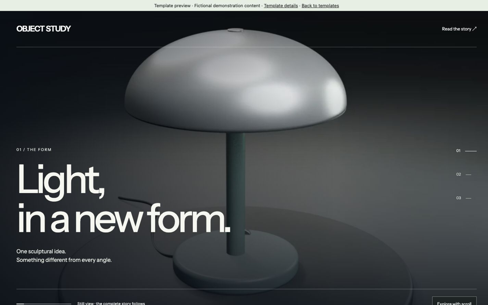 Object Study dark product page with original silver and sage sculptural desk-light geometry.