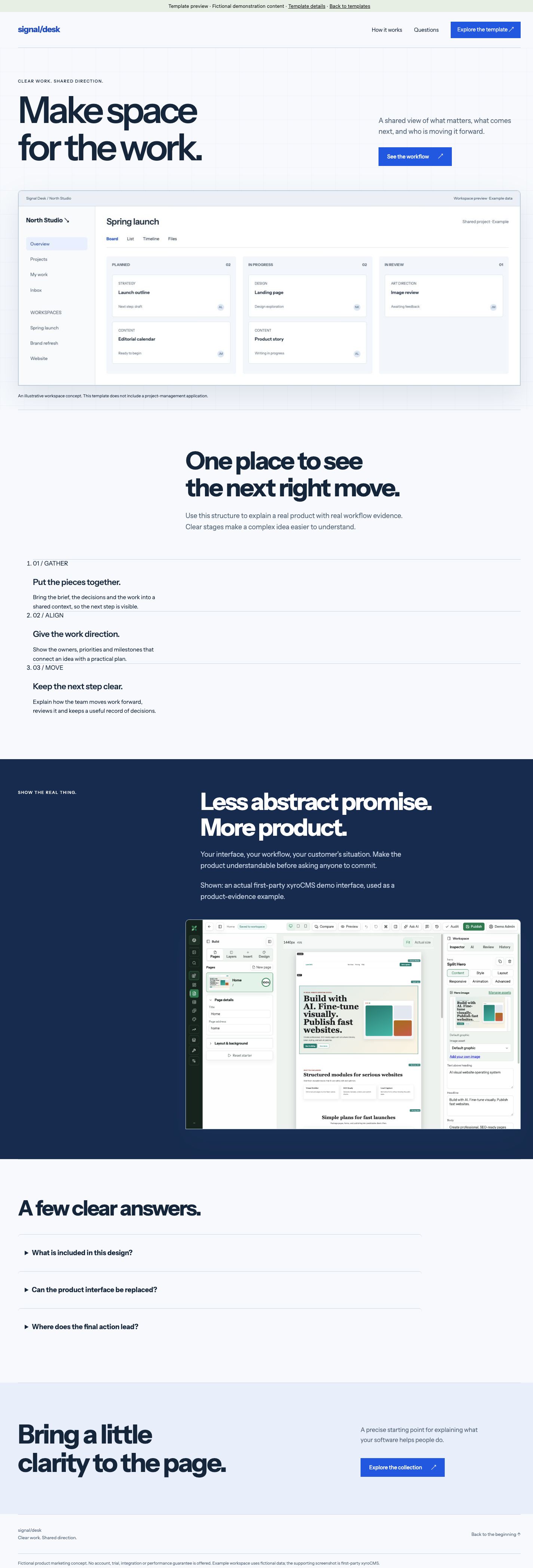 Complete desktop page of Signal Desk, from header to footer