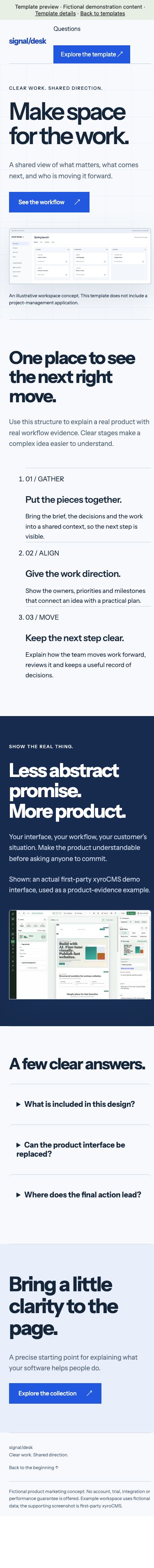Complete mobile page of Signal Desk, from header to footer